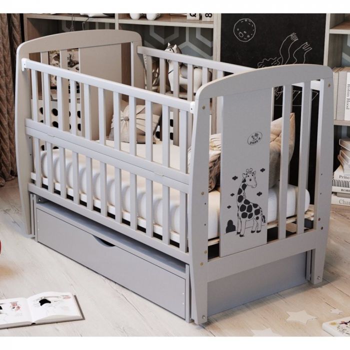 Кроватка Babyroom Жирафик маятник, ящик, откидной бок, бук серый