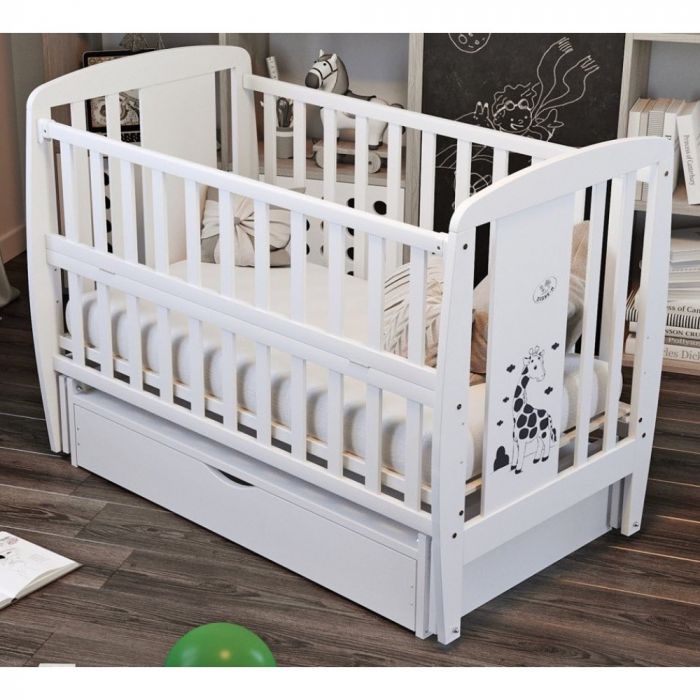 Кроватка Babyroom Жирафик маятник, ящик, откидной бок, бук белый